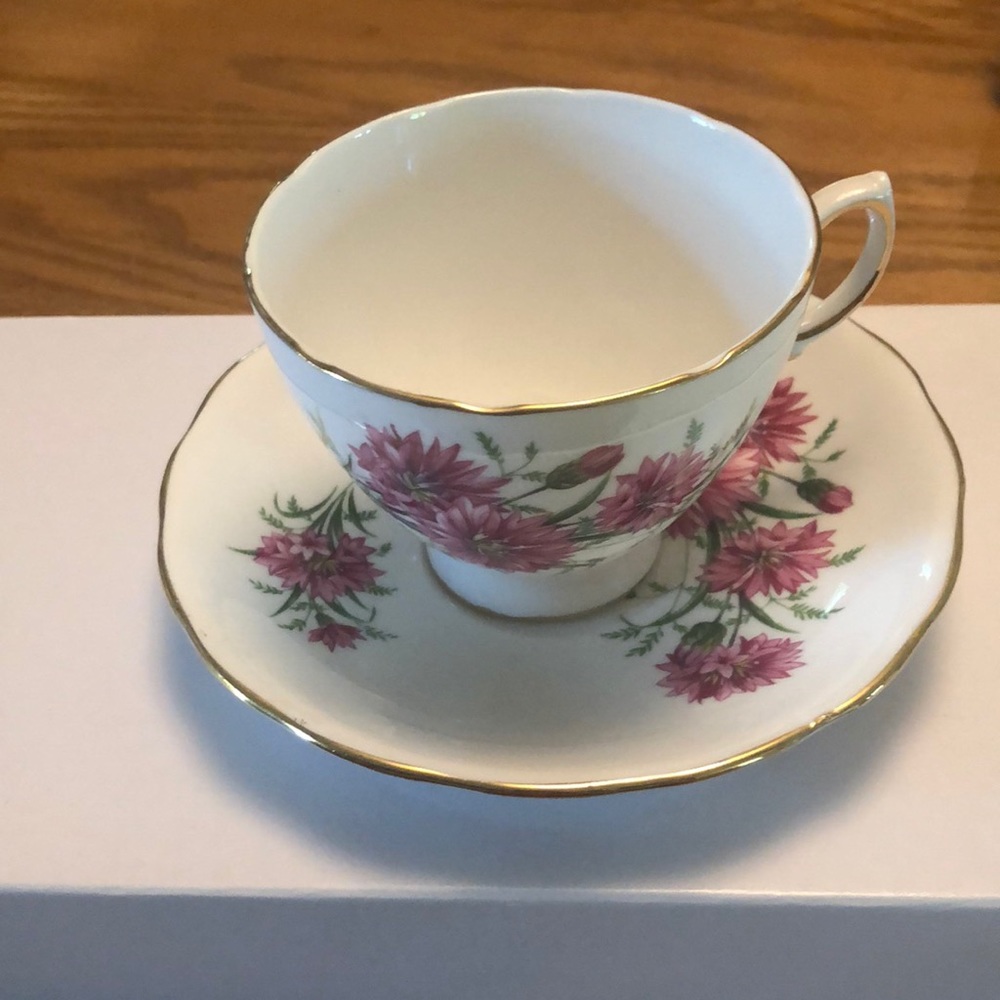 Royal Vale tea cup and saucer. Pink carnations pattern